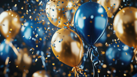 A lively party background featuring blue and gold balloons, confetti, and ribbons, perfect for a festive occasion.の素材