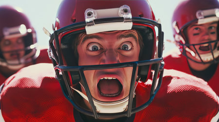 A funny close-up of a football player attempting to catch the ball, only for it to hit his helmet, with exaggerated facial expressions and shocked teammates watching.の素材