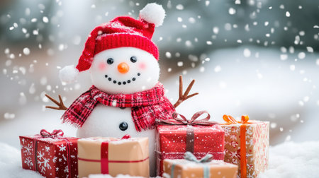 A smiling snowman and brightly wrapped gift boxes on a snowy winter wonderland background, perfect for the holiday season.の素材