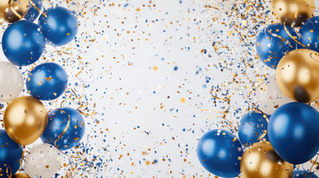 A party backdrop featuring floating blue and gold balloons, shiny confetti, and spiraling ribbons for a festive celebration.の素材