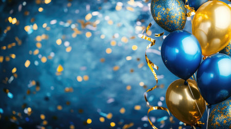 Blue and gold balloons, confetti, and ribbons come together in a vibrant and festive party background.の素材