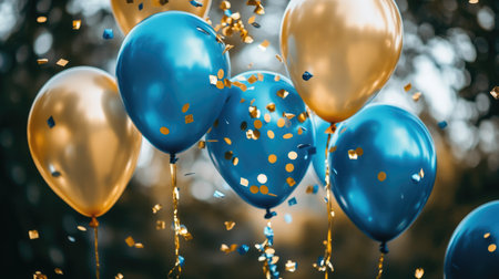 Blue and gold balloons, confetti, and shiny ribbons create a festive party atmosphere, ready for celebration.の素材