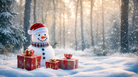 A joyful snowman and wrapped gift boxes in a snowy landscape, set against a backdrop of frosted trees in a winter wonderland.の素材
