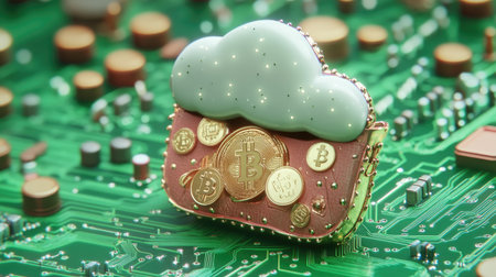 A cloud-shaped coin purse filled with crypto coins standing on a green PCB circuit board, symbolizing digital currency and technology in a 3D illustration.の素材