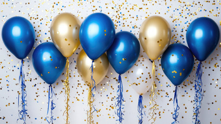Blue and gold balloons paired with sparkling confetti and curling ribbons, creating a celebratory party backdrop.の素材