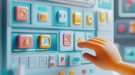 Cartoon hand in a 3D setting building an app interface, selecting icons and layouts for a modern, user-friendly web design.の素材