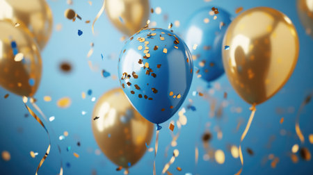 Blue and gold balloons floating with confetti and ribbons, perfect for a festive party celebration.の素材