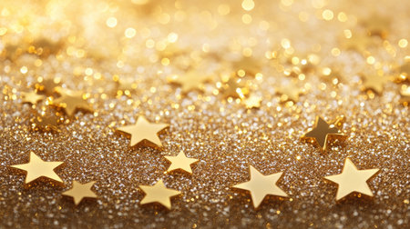 Golden glitter stars floating on a beige backdrop, with sparkling lights creating a magical, celebratory ambiance.の素材