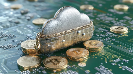 Cloud-shaped coin purse standing on a green PCB with crypto coins, highlighting the digital era of finance in a 3D illustration.の素材