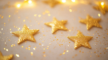 Golden glitter stars scattered on a light beige background with sparkling lights adding a dreamy, festive touch.の素材