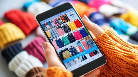 Close-up of a smartphone with an online shopping network app, showing a user browsing fashion items, representing the ease of mobile shopping.の素材