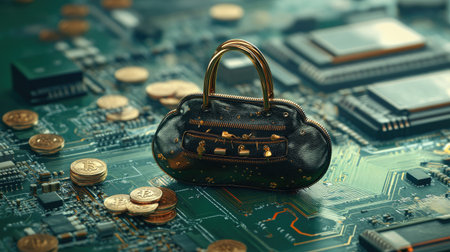 Cloud-shaped coin purse standing on a green PCB with crypto coins, highlighting the digital era of finance in a 3D illustration.の素材