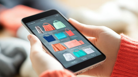 Close-up of a smartphone with an online shopping network app, showing a user browsing fashion items, representing the ease of mobile shopping.の素材