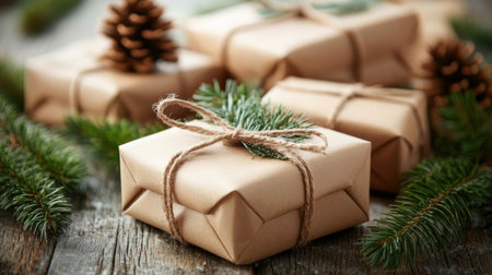 Christmas gifts wrapped with rustic charm, surrounded by pine branches on a weathered wooden background, evoking a cozy holiday vibe.の素材