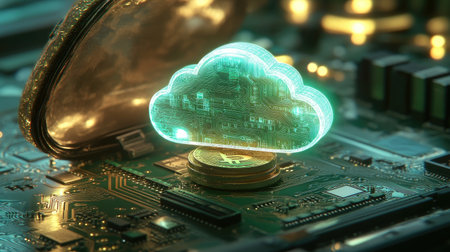 Crypto money emerging from a cloud-shaped coin purse, set on a green PCB board, representing the integration of technology and finance in a 3D illustration.の素材