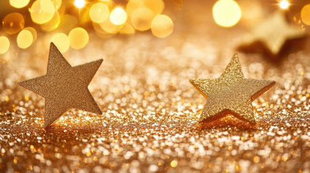 Golden glitter stars scattered on a soft beige background, illuminated by sparkling lights, creating a magical and elegant festive atmosphere.の素材