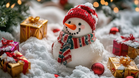 Snowman with a carrot nose and scarf in a winter wonderland, with colorful gift boxes on the snow, evoking a festive holiday spirit.の素材
