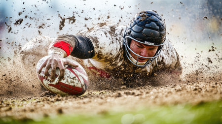 High-resolution image of a defensive player diving to tackle an opposing player, with dirt and turf flying, capturing the intense physicality of the sportの素材