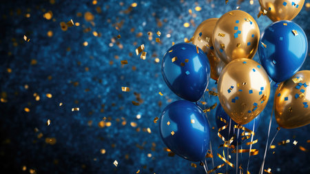 Vibrant blue and gold balloons, metallic ribbons, and sparkling confetti set the scene for a festive celebration.の素材