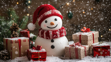 Winter wonderland scene with a jolly snowman and holiday gift boxes, perfect for a cozy and festive Christmas display.の素材