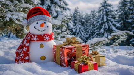 Snowman and holiday gift boxes placed in a snowy winter wonderland, with snow-covered trees in the background.の素材