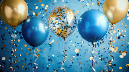 Blue and gold balloons paired with sparkling confetti and curling ribbons, creating a celebratory party backdrop.の素材