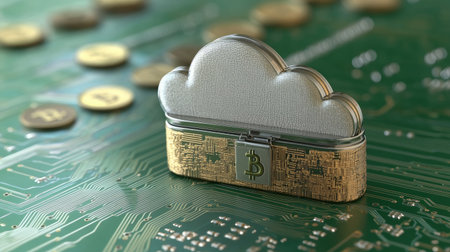 Crypto money emerging from a cloud-shaped coin purse, set on a green PCB board, representing the integration of technology and finance in a 3D illustration.の素材