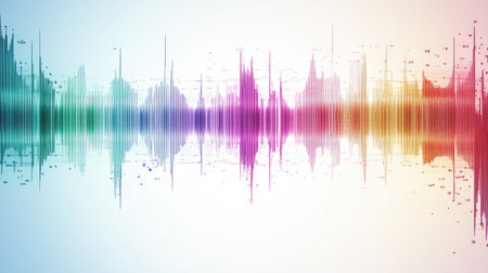 A dynamic array of colorful sound waves in layered patterns, representing sound complexity, isolated on a clean white background.の素材