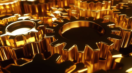 A close-up 3D view of shiny gears meshing perfectly, representing flawless coordination in a business workflow system.の素材