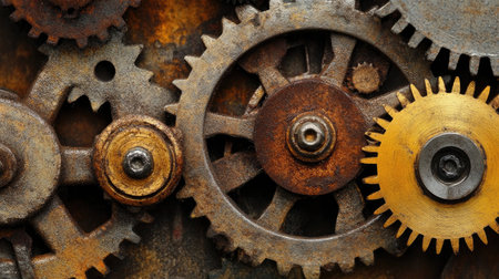 Mechanical gears intertwined, highlighting the intricate mechanisms that power economic progress.の素材