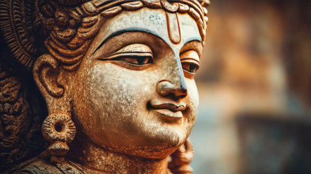 A close-up of a statue of Lord Vishnu, intricately detailed, showcasing the calm and majestic aura of the Hindu deity in a temple setting.の素材