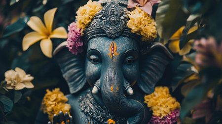 Close-up of Lord Ganesha's face, highlighting his peaceful expression, with vibrant flowers and offerings placed at his feet.の素材