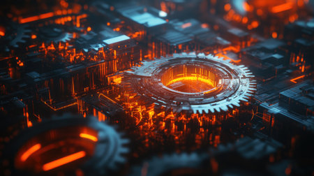 A series of complex gears turning seamlessly, illustrating the smooth integration of business processes in a futuristic digital setting.の素材