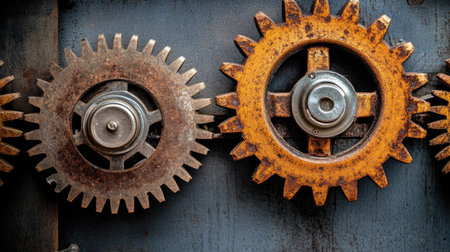 Large industrial gears working in unison, symbolizing the strength and interconnectedness of economic forces.の素材