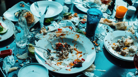 A pile of dirty dishes with food scraps and leftover sauces, ready to be cleaned, emphasizing the mess of post-dinner cleanup.の素材