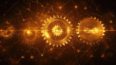 High-tech gears in a glowing environment, each gear representing a different function like sales, marketing, and production.の素材