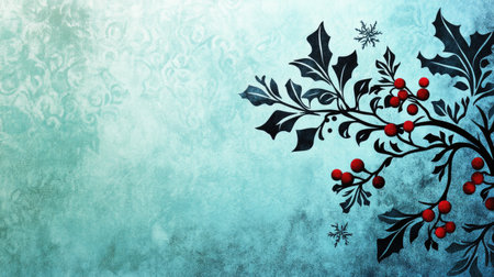 A beautifully designed Christmas invitation card featuring art deco style, with intricate holly berry patterns and snowflakes on a stunning watercolor blue background.の素材