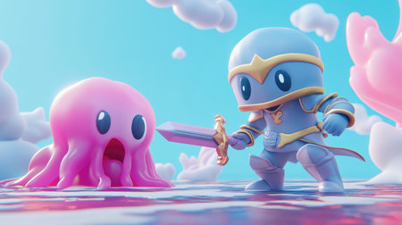 A 3D animated knight battling a giant jelly monster in a colorful fantasy world with swirling, magical clouds.の素材