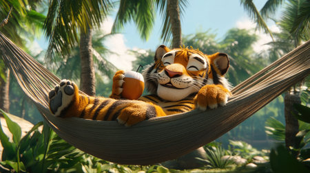 A cartoon tiger lounging on a hammock in a sunny tropical paradise, sipping a coconut drink with a relaxed smile.の素材