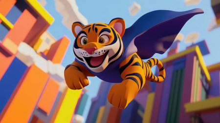 A 3D cartoon tiger wearing a superhero cape, flying over a colorful city skyline with a confident and playful smile.の素材