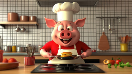 A 3D cartoon pig chef flipping pancakes in a colorful kitchen, surrounded by cooking utensils and ingredients, ready to prepare a delicious meal.の素材