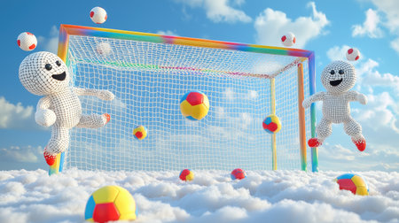 3D animated creatures playing soccer on a field made of clouds, with rainbow-colored goals and floating balls.の素材