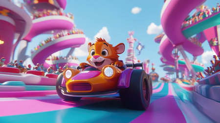 A playful 3D tiger driving a race car in a high-speed race, surrounded by colorful race tracks and cheering fans.の素材