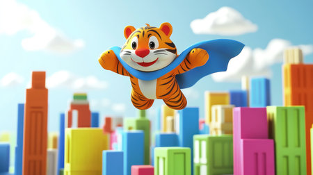 A 3D cartoon tiger wearing a superhero cape, flying over a colorful city skyline with a confident and playful smile.の素材