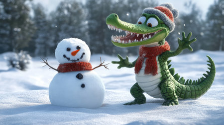 A whimsical cartoon crocodile playing in a snowy winter landscape, building a snowman and wearing a cozy scarf and hat.の素材