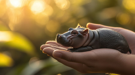 A miniature hippo resting in a person's cupped hands, with bright sunlight filtering through trees in the background.の素材