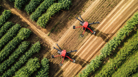 Aerial view of a smart farm using precision farming technology, with automated machines tending crops.の素材
