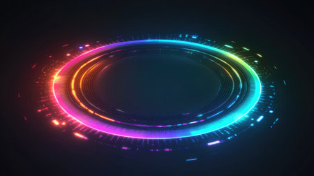 A glowing circular equalizer with pulsating sound waves radiating through the spectrum, creating an abstract digital pattern.の素材