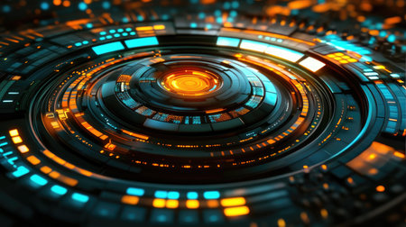 A digital sound equalizer in circular form, sending out waves of sound through the frequency spectrum, abstract and vibrant.の素材