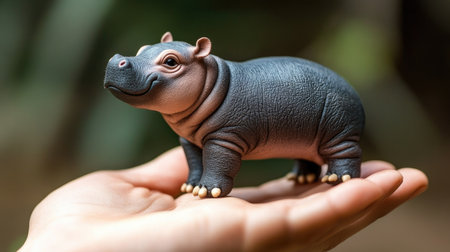 A little hippo toy perched on a hand, with a close-up focus showing intricate details of the hand and hippo.の素材